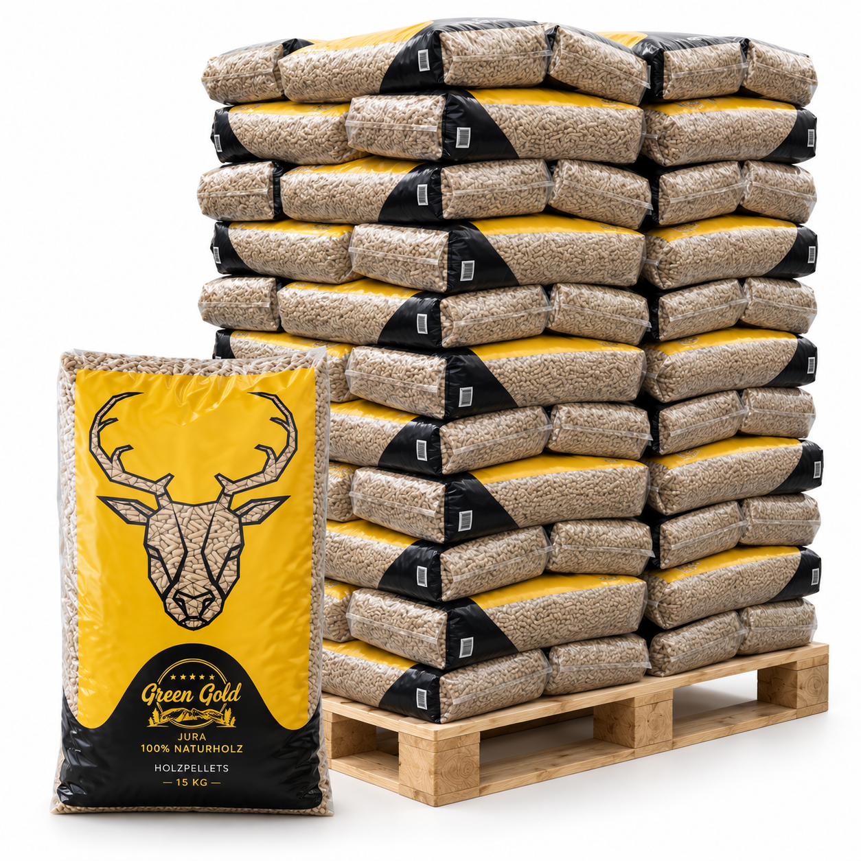 1af75b54-0055-4d53-8dc3-451058c11190.png Green Gold Jura Holzpellets – 72 × 15 kg Palette (1.080 kg) – 100 % Nadelholz, DINplus & PEFC – Image 1