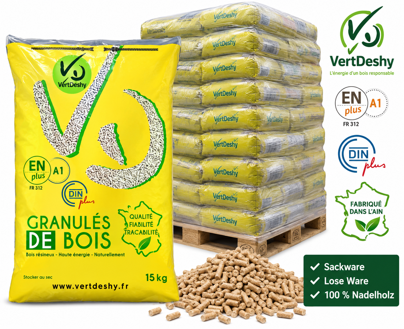 6ea2b810-949e-4f5a-8886-ce5acef21c1b.png VERTDESHY Holzpellets – Sack oder lose Ware – 100 % Nadelholz, ENplus A1 & DINplus – Image 1