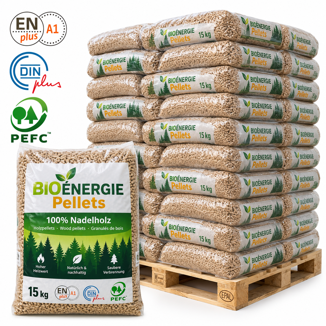 75167369-69b9-452d-b965-dcf1c4b29d00.png Bio Energie Holzpellets – 66 × 15 kg Palette – 100 % Nadelholz, ENplus A1 & DINplus & PEFC – Image 1