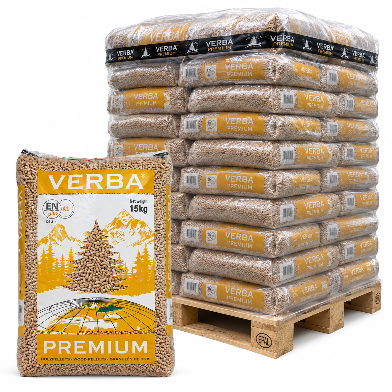 8fd73bc4-9872-48de-8408-655fd4a9227c.png Verba Premium Holzpellets – 70 × 15 kg Palette (1.050 kg) – 100 % Nadelholz, ENplus A1 – Image 1