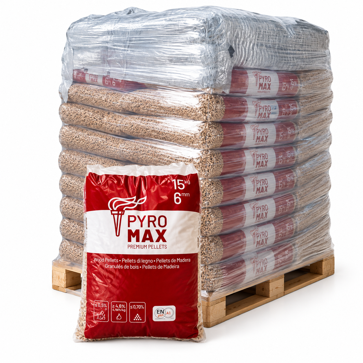 b144c4e7-e8b5-49fd-98a4-afbae9700374.png PYRO MAX Holzpellets – 78 × 15 kg Palette (1.170 kg) – 100 % Nadelholz, ENplus A1 – Image 1