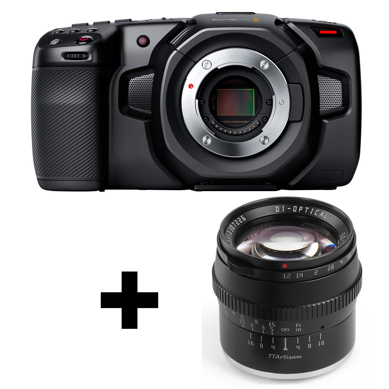 bmpcc4kttartisan.jpg Blackmagic Pocket Cinema Camera 4K + TTARTISAN APS-C 50MM F1.2 M43 – Image 1