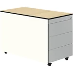 Schubladencontainer m.Rollen, 573×800, HPL-Vollkernpl., 3 Schubl.,weiß/alu/Ahorn